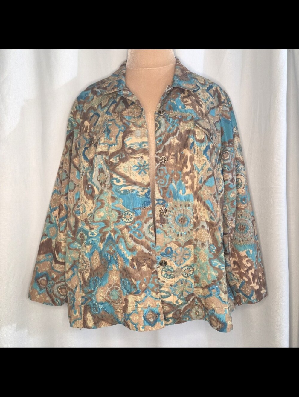 Multiples Button-Front Blazer in Teal and Brown Women's Size 1X